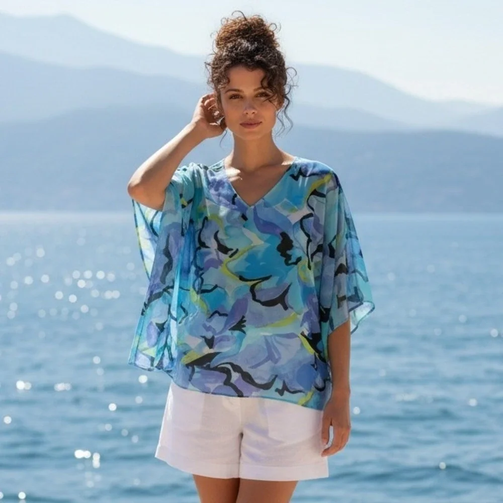 Belle Kim Gravel 1X Blue Watercolor Floral Chiffon V-Neck Dolman Sleeve Blouse - Picture 2 of 9